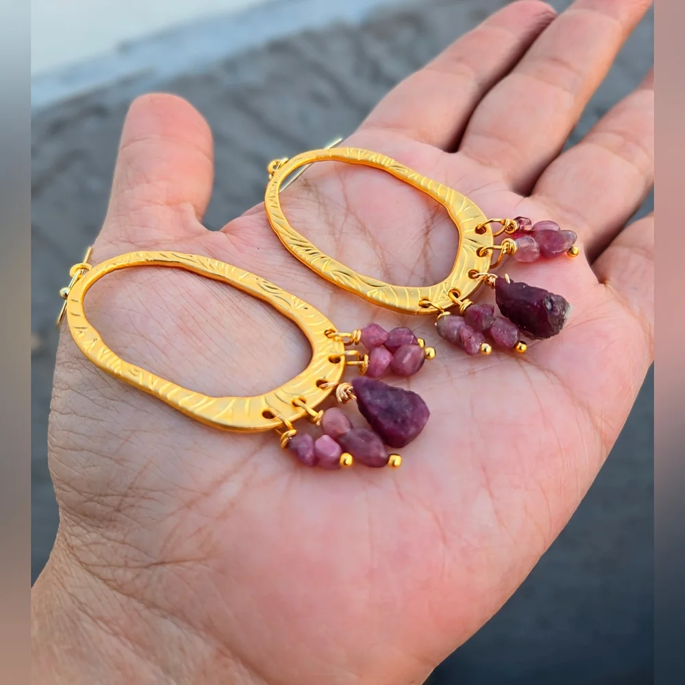 Etruscan-inspired Natural Raw Tourmaline In Hammered Gold Plated Large Earrings